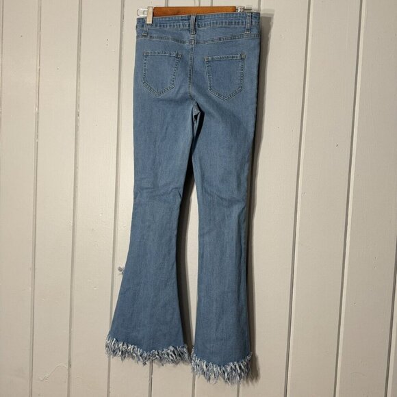 Peach Love California Denim Wide Raw Edge Bell Bottoms Flare Shredded Hem Boho S - Picture 12 of 15